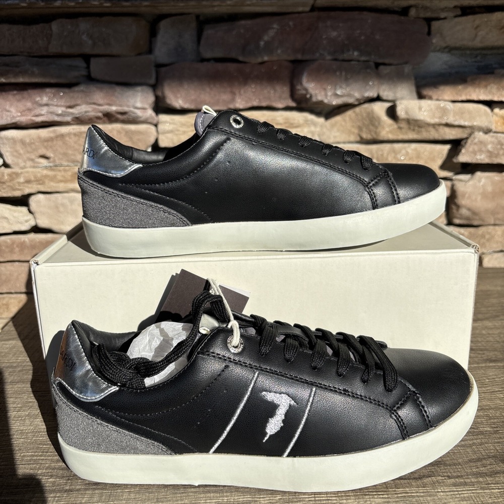 RRP€120 TRUSSARDI Sneakers US8 UK5-EU38 Black Silver Logo Shoes New In Box